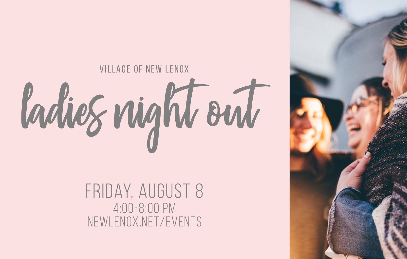 Pink image with gray text advertising New Lenox Ladies Night Out event on 8/8/25.