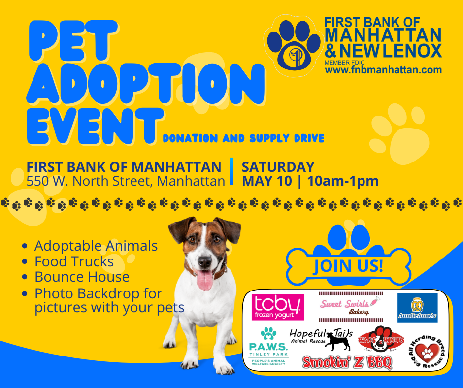 Picture of dog with tongue out on yellow background with blue Pet Adoption Event text. 