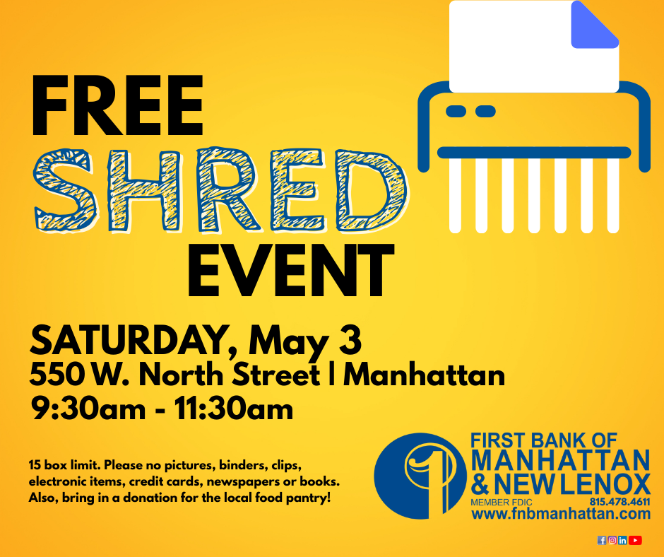 Yellow background with black and blue Free Shred Event text and details.